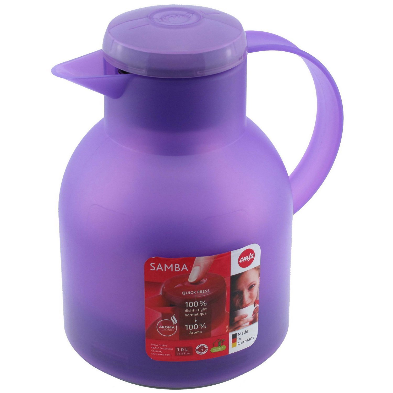 Emsa Samba Isolierkanne 505126 | 1 Liter | Quick Press Verschluss | 100% dicht | 12h heiß, 24h kalt | Transluzent Lavendel