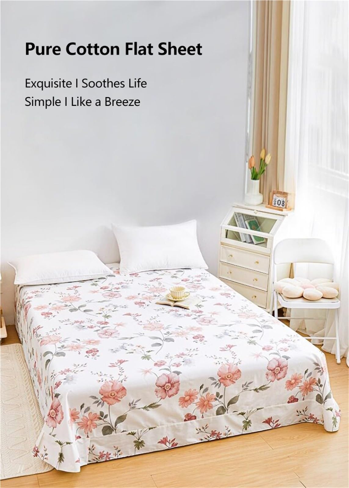 Sábana encimera Cama 90/105/135/150/160/180cm 160/200x230cm 245x245/265cm Floral de algodón 100%, sábana Plana de Sarga Transpirable y acogedora(Flower I,245x265cm+48x74cm x2)