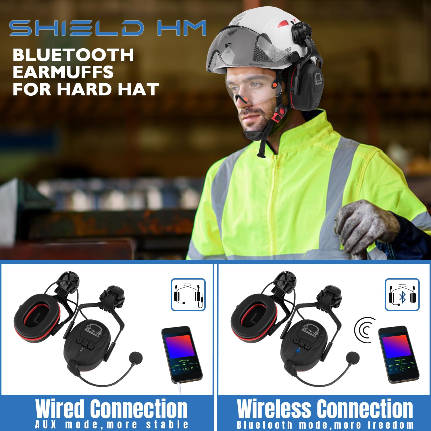 UM ULTRAMAXX Orejeras de casco duro con Bluetooth, NRR de 27 dB, auriculares de trabajo acoplables, orejeras ajustables montadas en la tapa