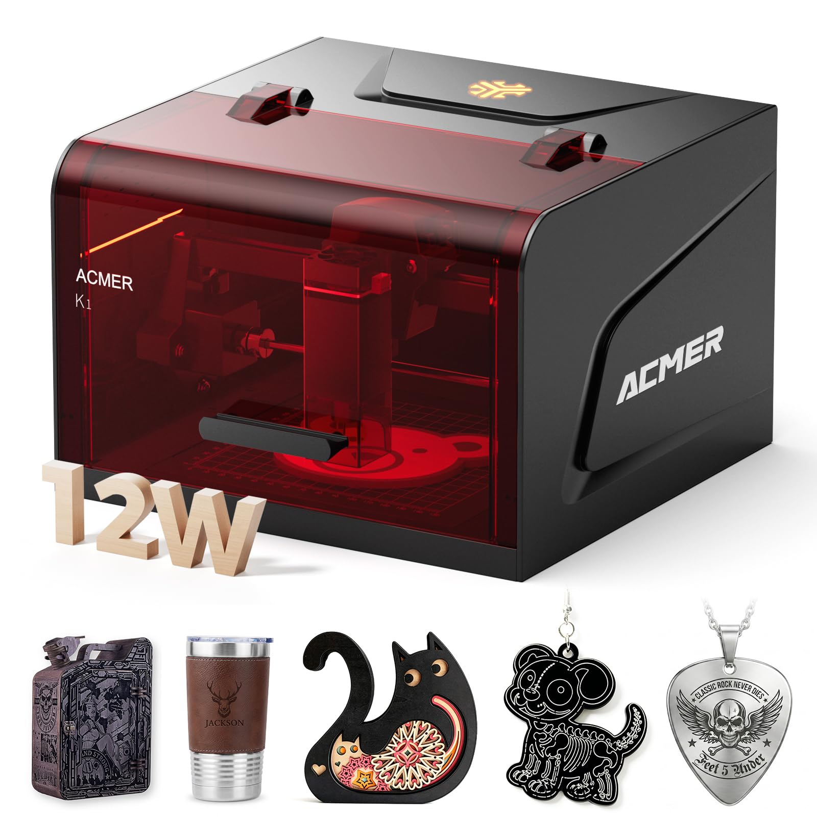 ACMER K1 12W Máquina de grabado láser, máquina láser cerrada Clase 1 con extracción de humo, cortador y grabador láser de precisión 0,01 mm para bricolaje, madera,metal y fabricación de regalos
