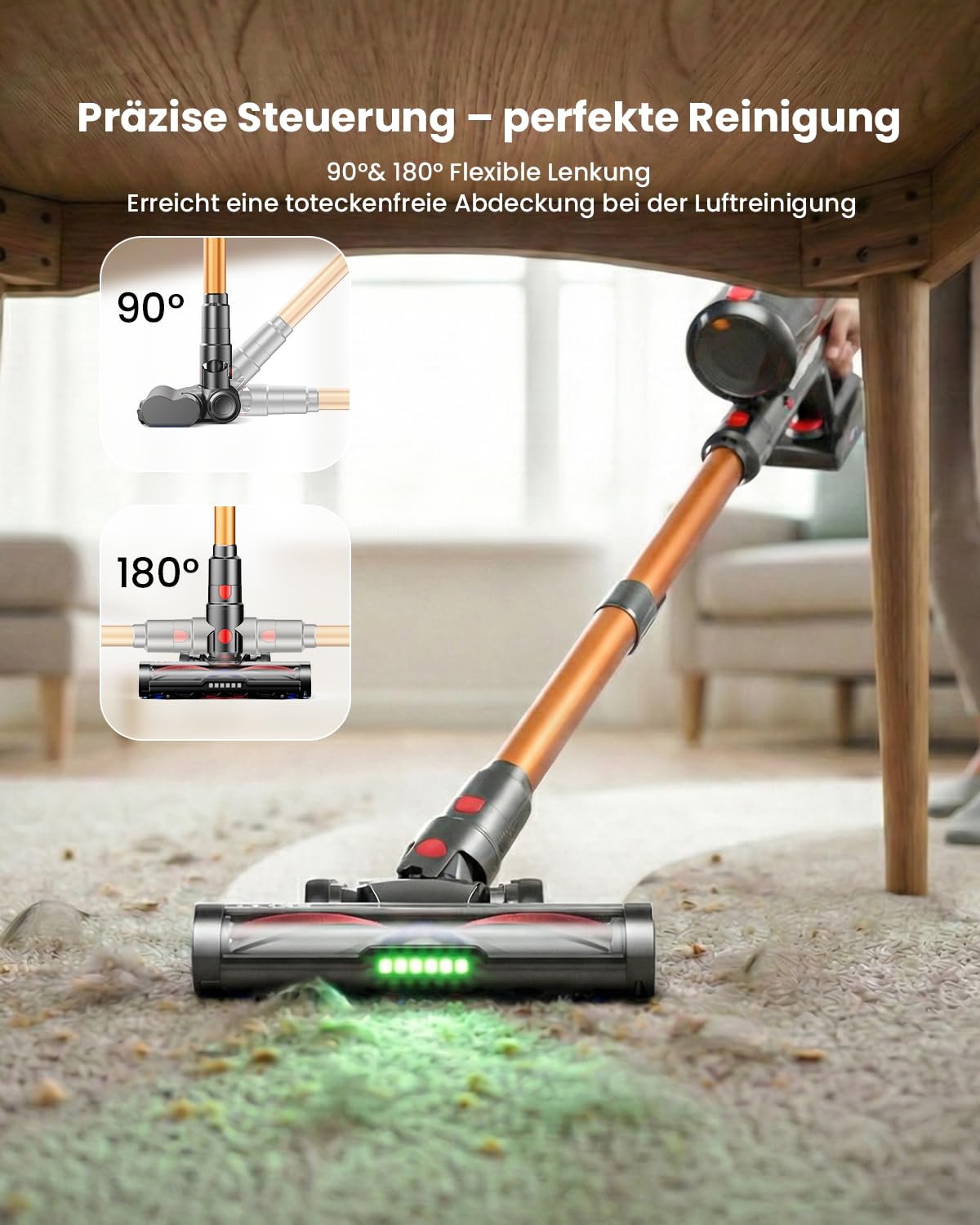 Aspiradora inalámbrica con batería, 650 W, 55 KPa, 75 minutos de autonomía, aspiradora de mano ligera 8 en 1 con luz LED verde y cepillo antienredos, para alfombras de pelo de animales, suelos duros y