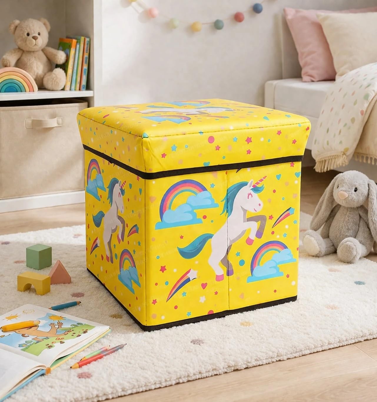 Sterling Stools for Sitting in Living Room Storage Stools for Sitting Storage Box for Toys of Kids - Flamingo Design Foldable Stool (30 x 30 x 30 cm)-image-40