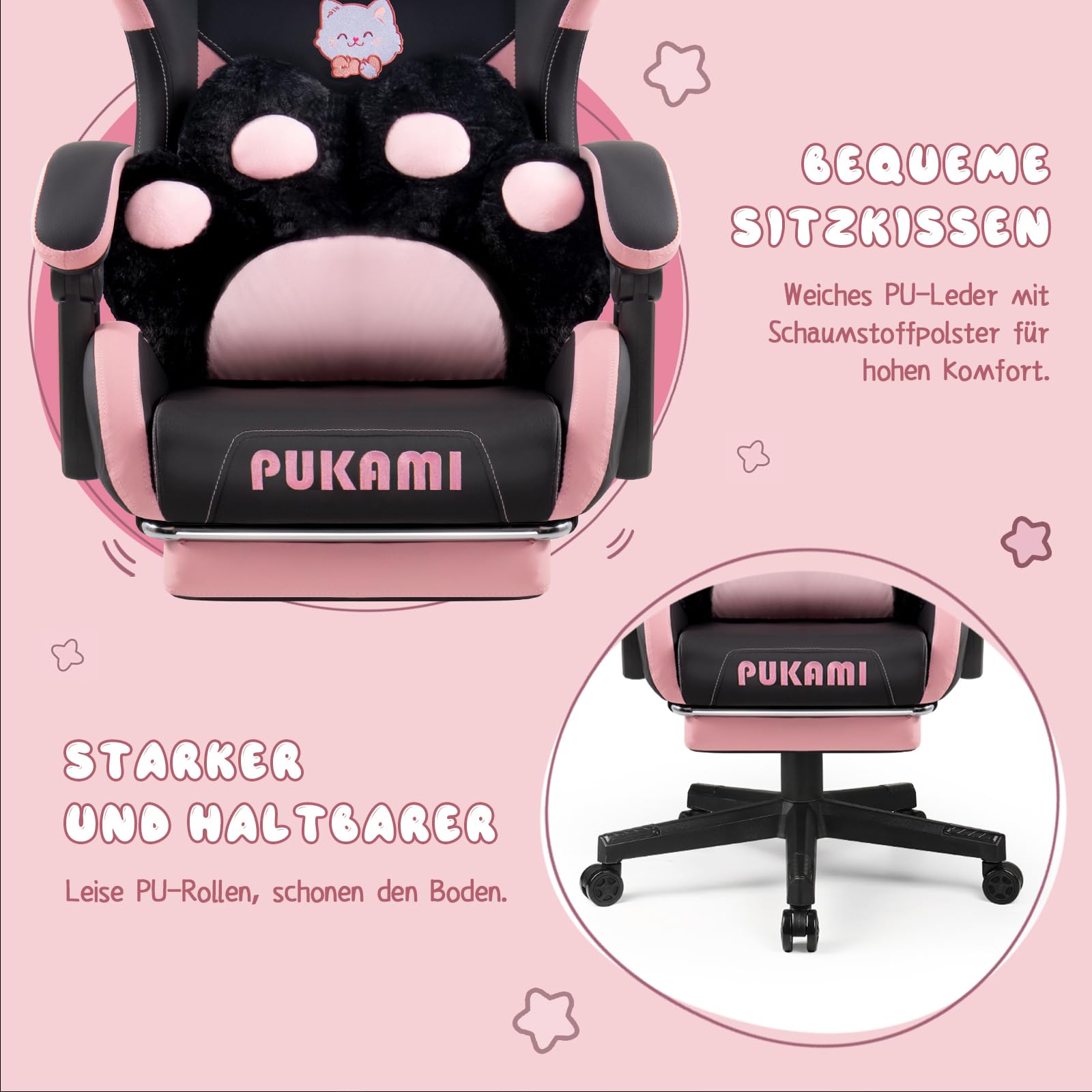 Waleaf Gaming Stuhl mit Fußstütze, Ergonomischer PC-Stuhl, Gamer Sessel aus Leder mit Lendenkissen Kopfstütze, Verstellbarer und Drehbarer Schreibtischstuhl für Erwachsene, Teenager, 140KG, Schwarz