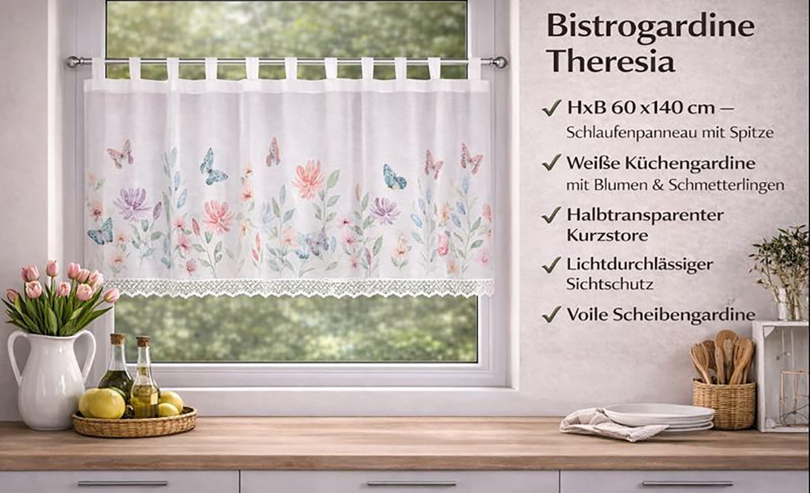 KAMACA Tenda da bistrò con passanti, tenda corta da cucina, trasparente, con passanti in voile, pizzo (altezza x larghezza 60 x 140 cm, Theresia)