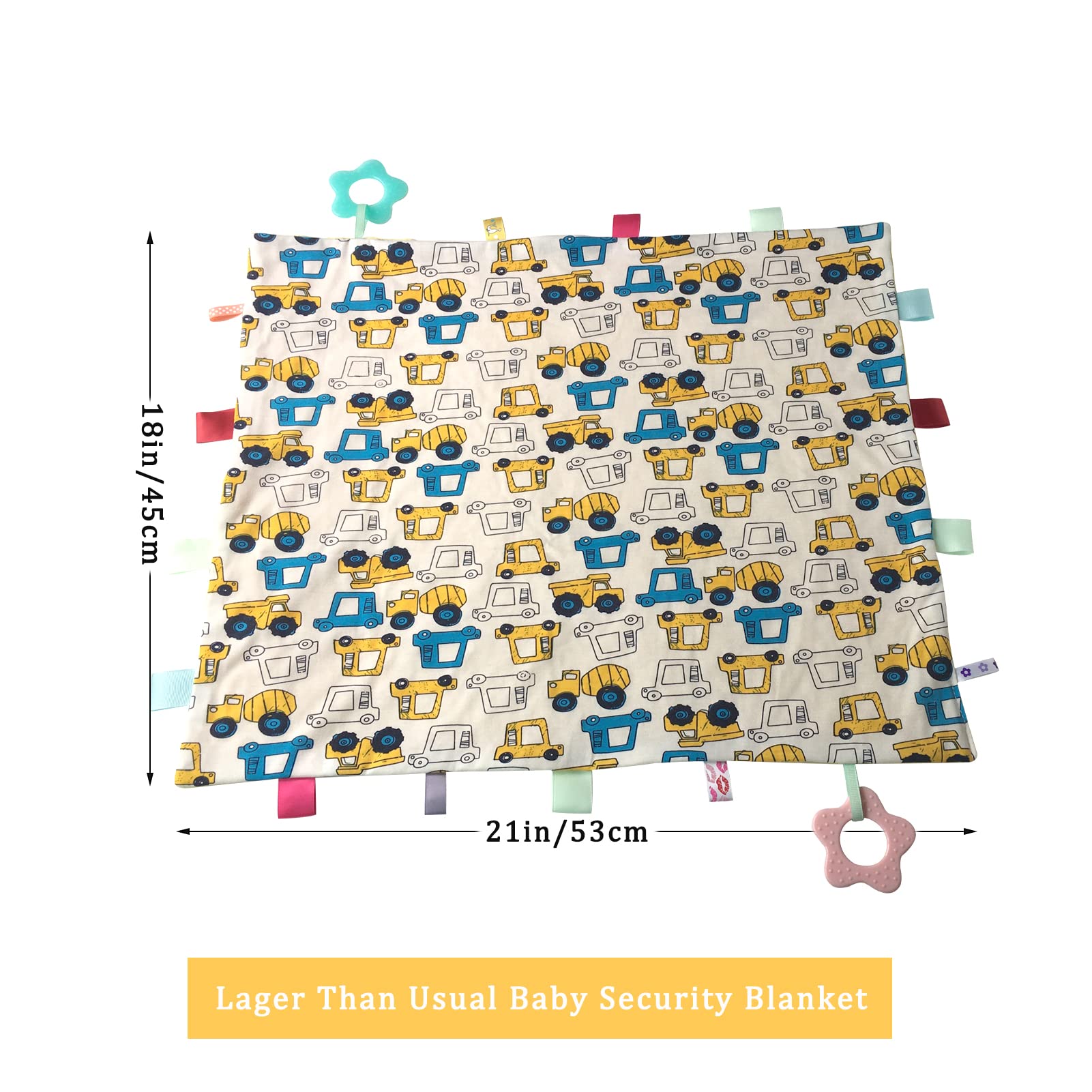 Baby Security Blanket for Unisex, Yellow Car Baby Lovey Taggy Blanket with Minky Dot Fabric, Soft & Breatable Lovie Baby Gifts for Boys Girs, 21 * 18 inch