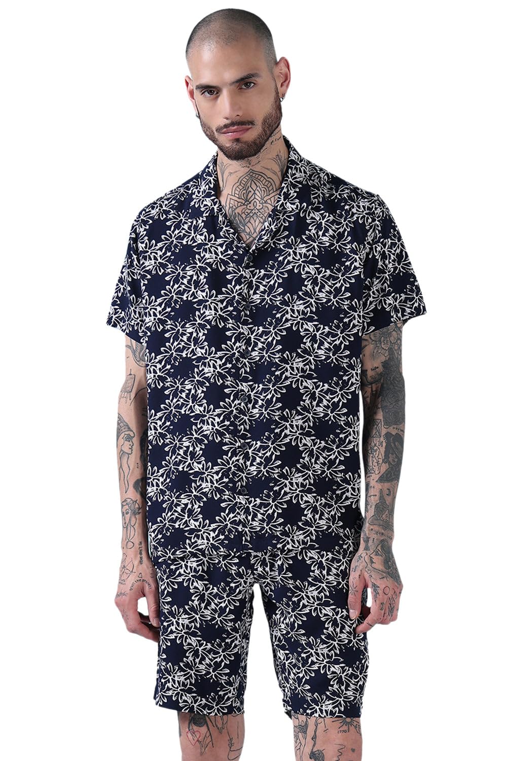showoffff Edition Men's Navy Blue Floral Cuban Collar Relaxed Fit Co Ords Set-Abomasum-1827_NavyBlue-picture-26