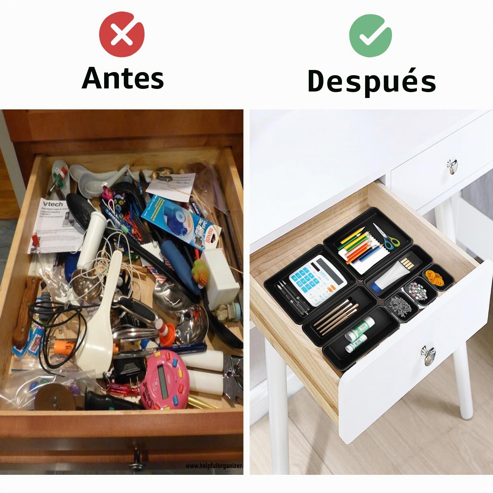 Organizador Cajones Escritorio 8 Piezas, Cajas Bandejas Plástico Apilables Almacenamiento 3 Tamaños (Gris)