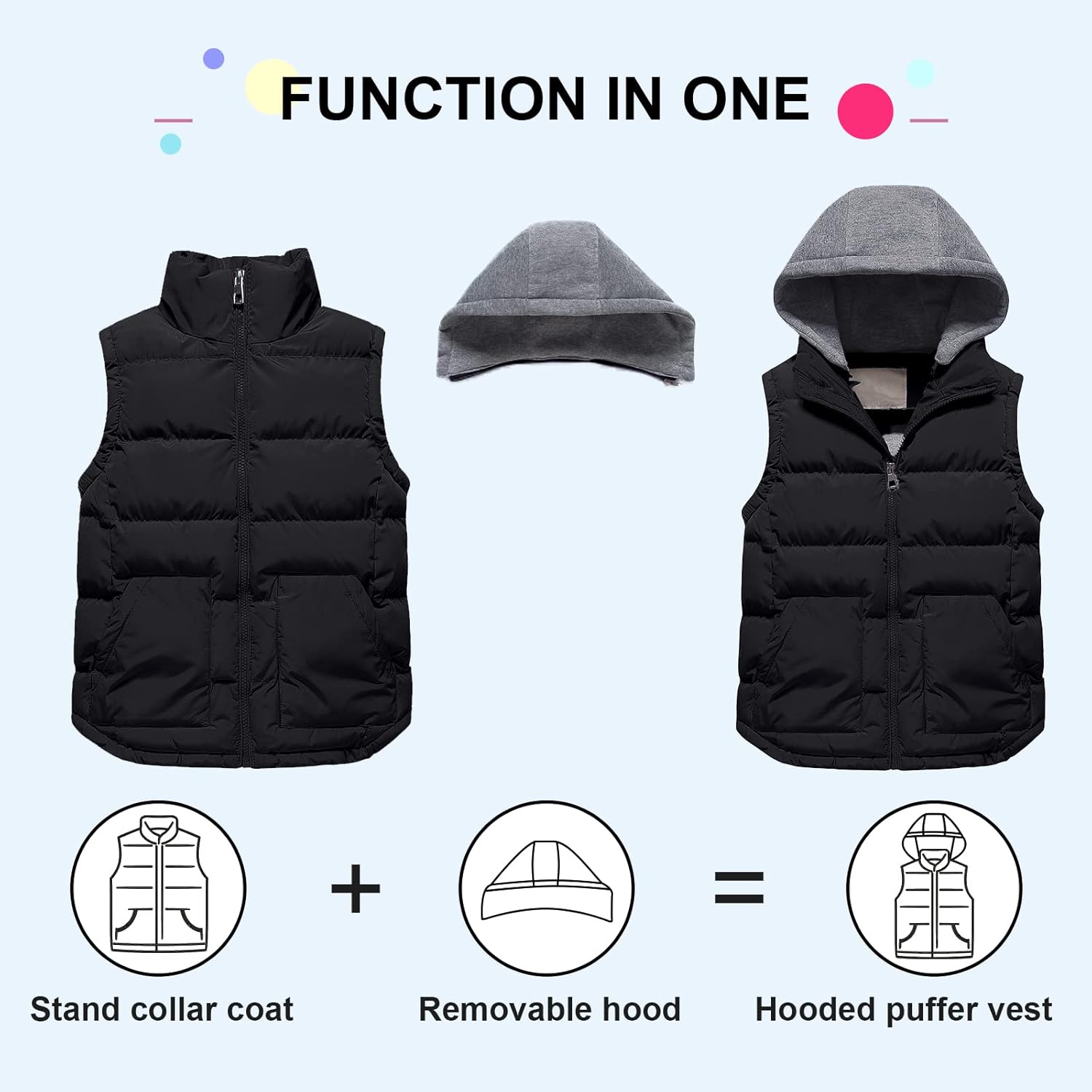 Pursky Girl's and Boy's Warm Puffer Vest Coat Water Resistant Sleeveless Jacket With Detachable Hood for 6-14Y - Image 3