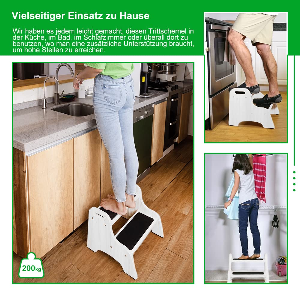 StrongTek Wood 2 Tritthocker für Kinder mit Rutschfester Trittfläche, tragbaren Griffen, rutschfesten Fußpolstern und 150kg. Kapazität, Mehrzweck-Schwerlaststütze(White) | Rutschfeste Oberfläche, tragbare Griffe, rutschfeste Fußpolster, 159 kg Tragkraft