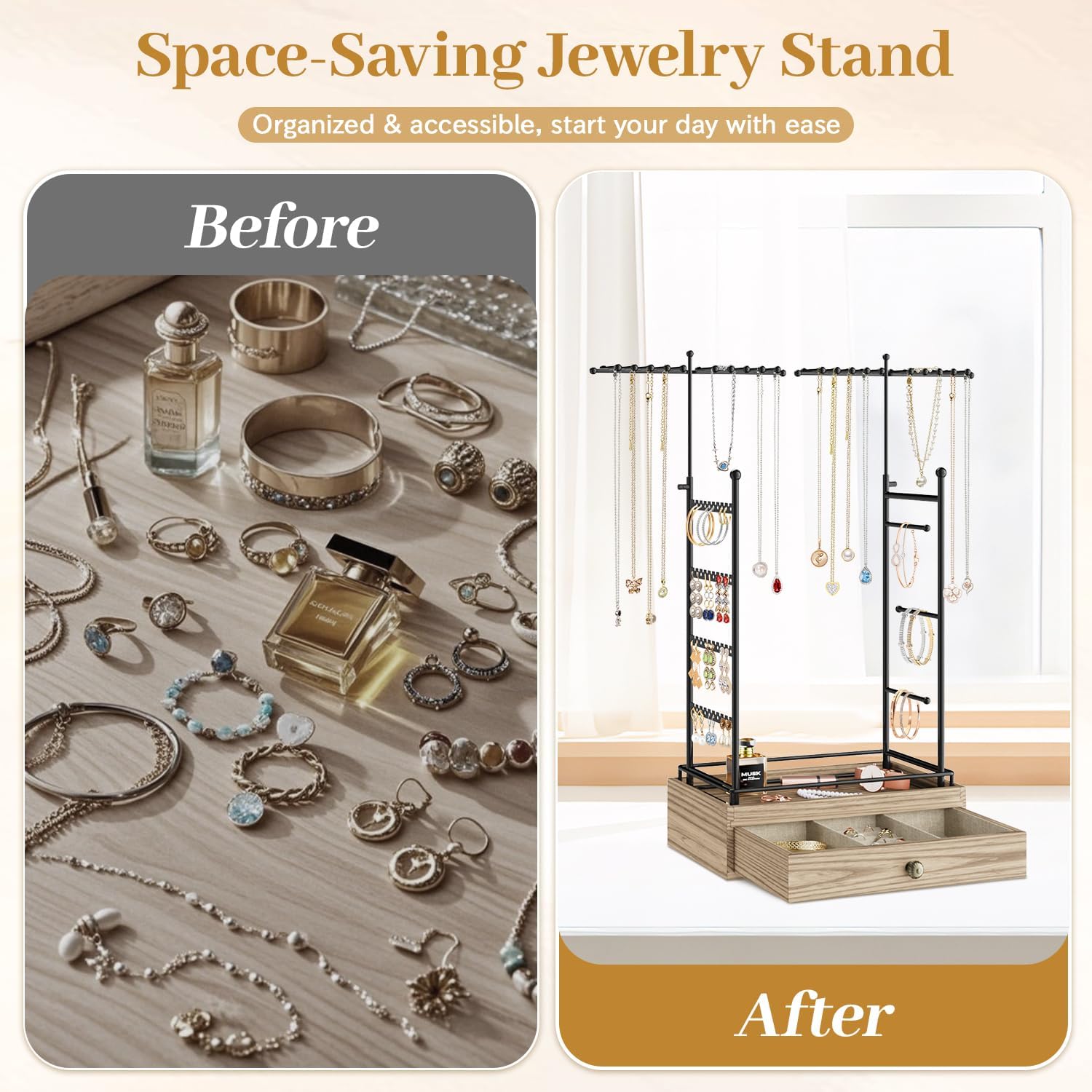 MODOWEY Metal Jewelry Holder Organizer Stand for Earring Bracelet Ring, Necklace Display Tree with Wood Drawer, Extra Large Storage Rack for Women Men, Tall Hanger Tower for Dresser Space-Saving, Oak