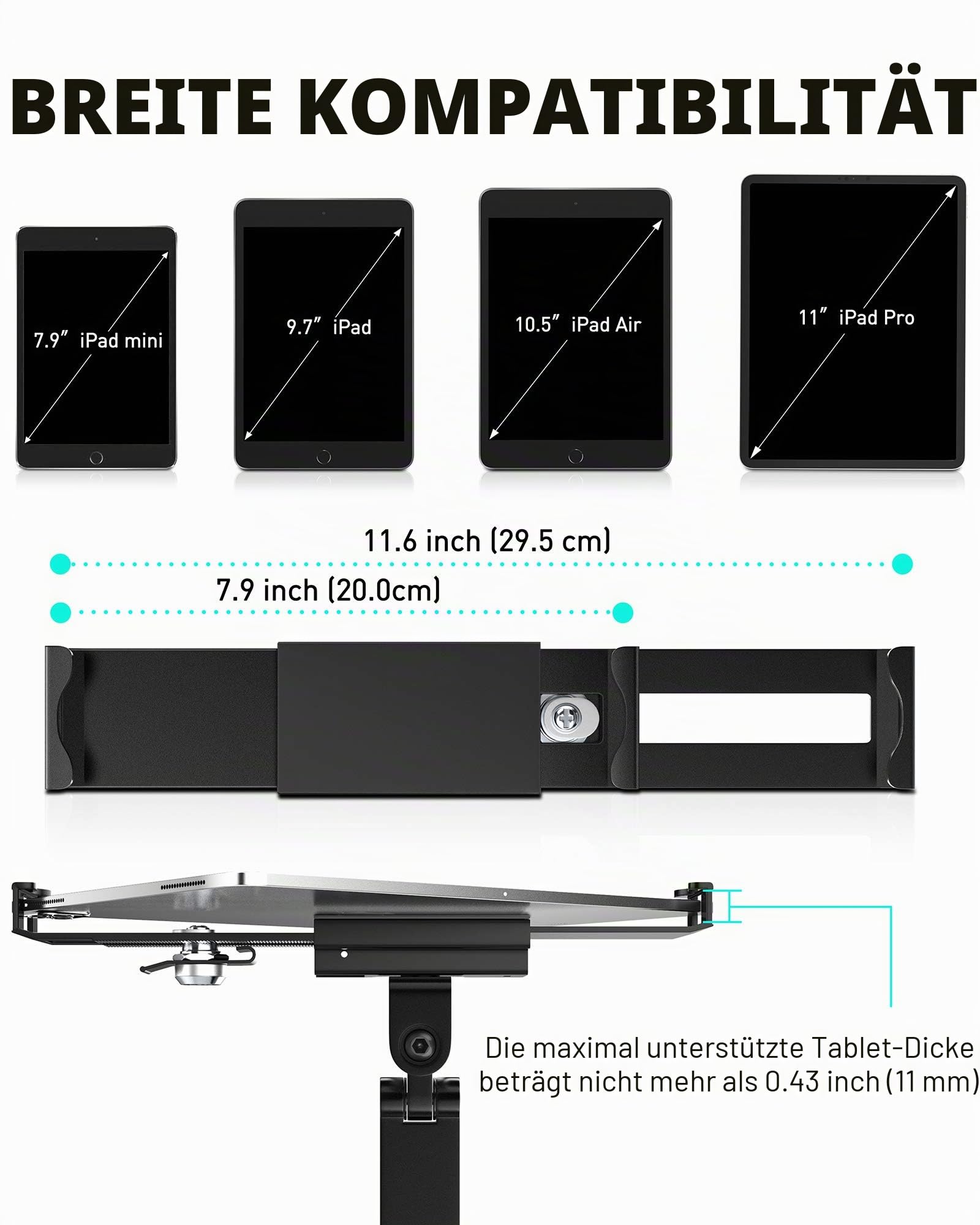 AboveTEK Tablet Wandhalterung iPad Ständer für 7-11Zoll Tablets/iPad/Galaxy Tab/Slate/Fire Tablet Halterung mit Anti-Diebstahl-Sicherheitsschloss und -Schlüssel schwarz