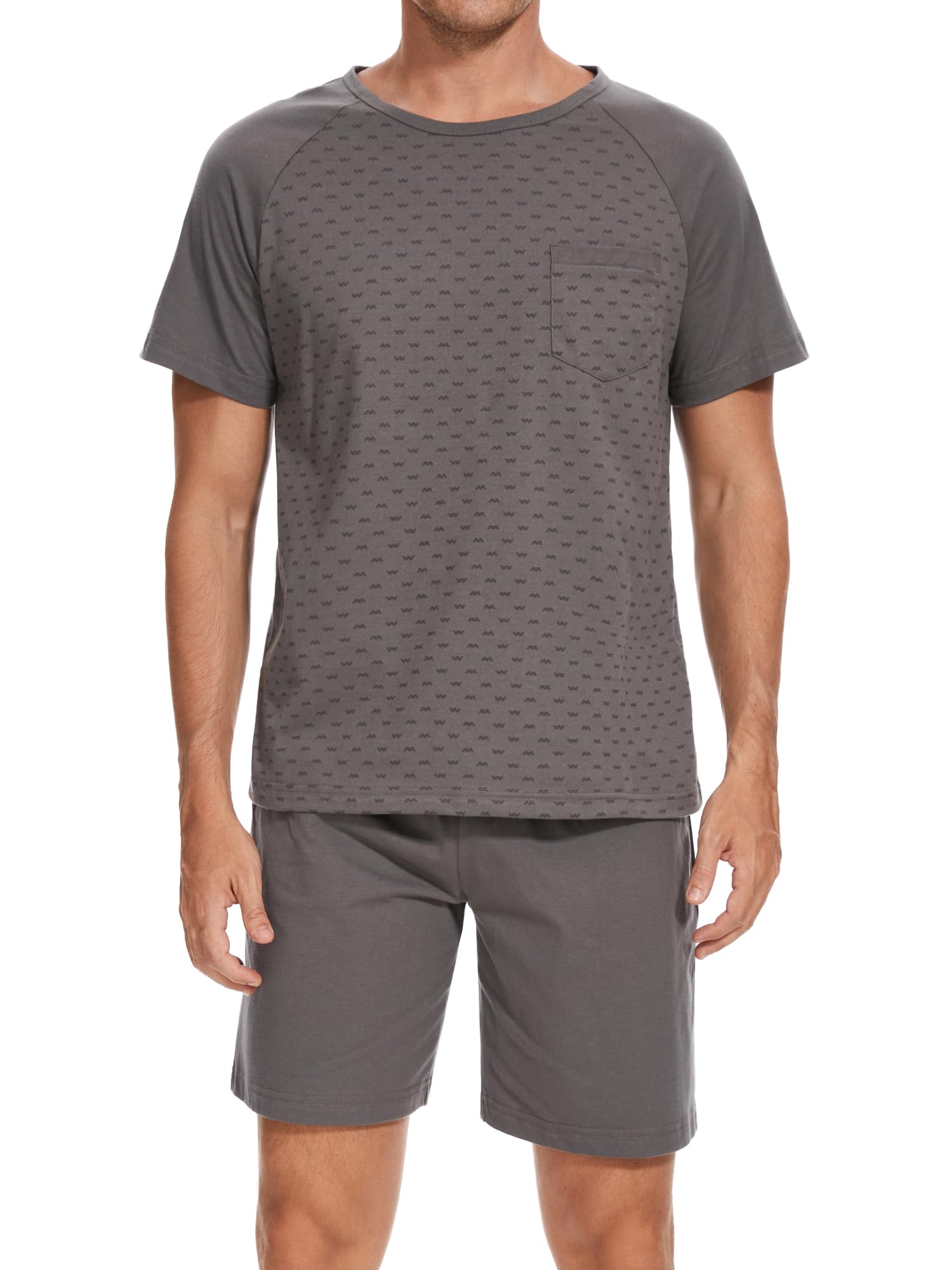 Winovia Herren Schlafanzug Kurz Baumwolle Rundhalsausschnitt Pyjamaset Nightwear Set Sommer Shorty Nachtwäsche