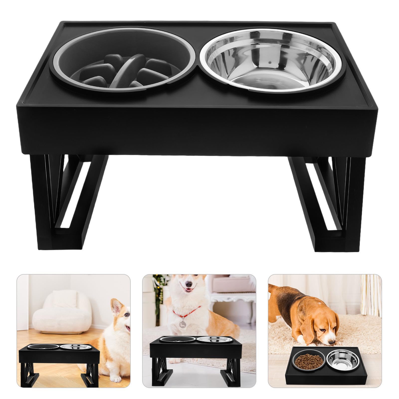 Gamelle pour Chat Gamelle pour Nourriture et Eau du Chien Surélevée Anti-glouton Double Bol en Acier Inoxydable et Abs pour Nourriture et Eau, Chats et Chiens, Voyage et Extérieur