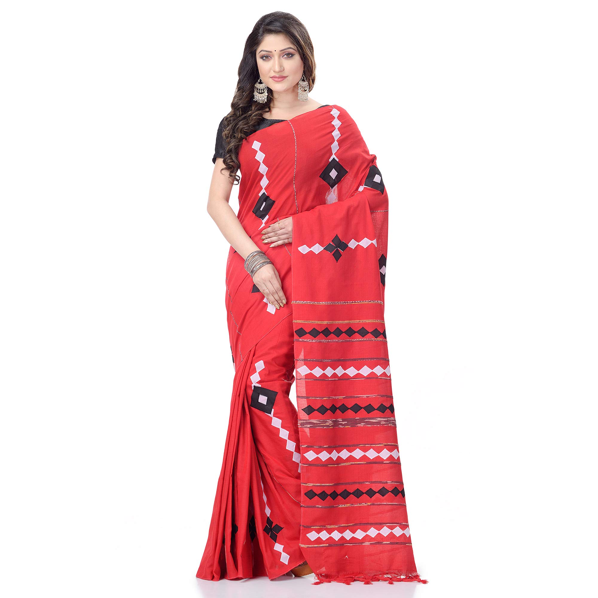 dB DESH BIDESHWomen`s Bengali Khesh Pure Cotton Handloom Saree Diamond Designed With Blouse Piece(Red)