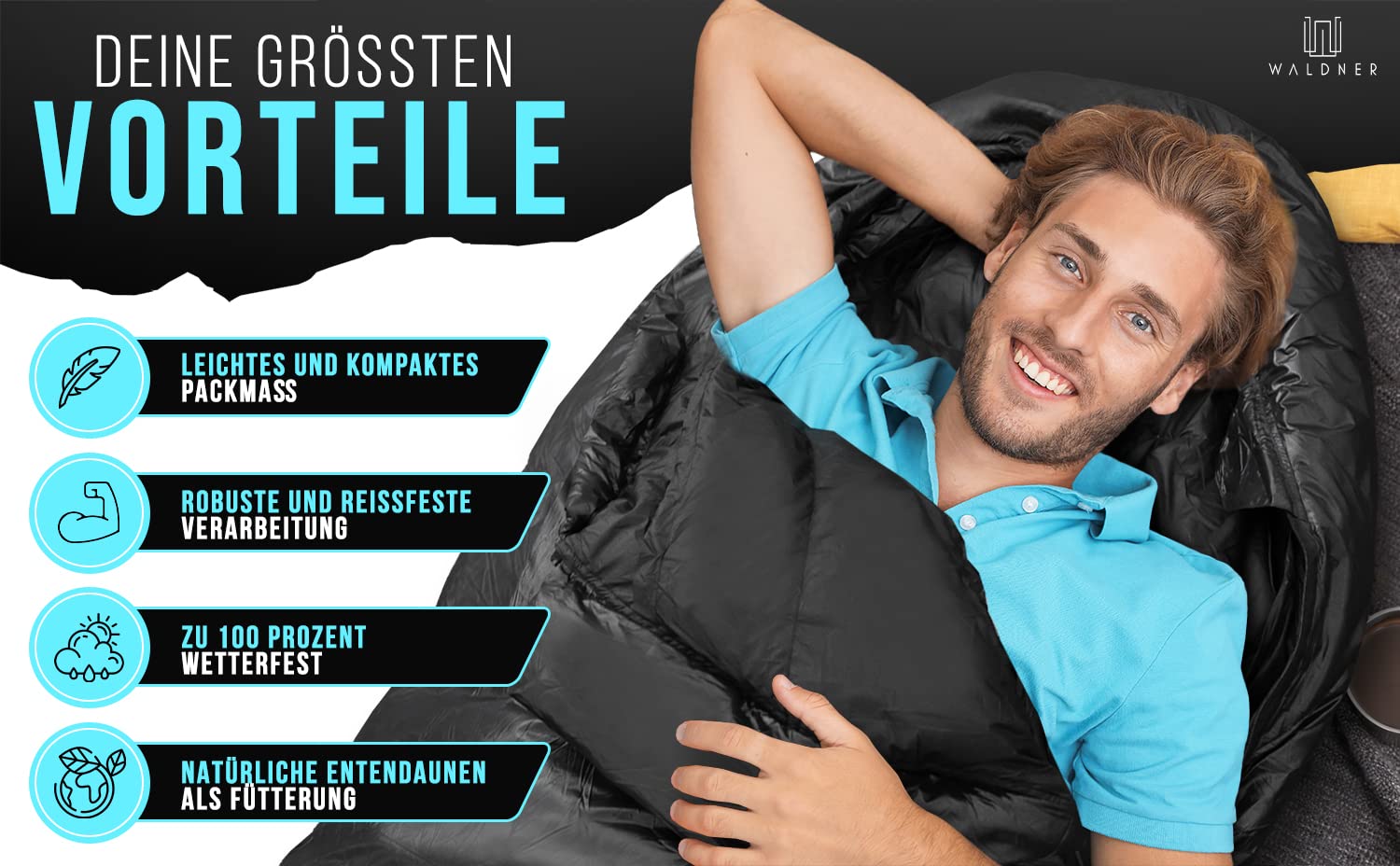 WALDNER Daunenschlafsack Ultraleicht, kleines Packmaß, 4 Jahreszeiten, 800g Daunen, 600FP Bauschkraft, Schlafsack Outdoor und Camping, leicht & warm