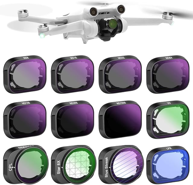 Neewer Effects Filters and ND Filters Compatible with DJI Mini 3/Mini 3 Pro, 12 in 1 Includes ND8/16/32/64/128/256/ND1000/UV/CPL/Blue Streak Anamorphic/Light Pollution Reduction/Star Filters