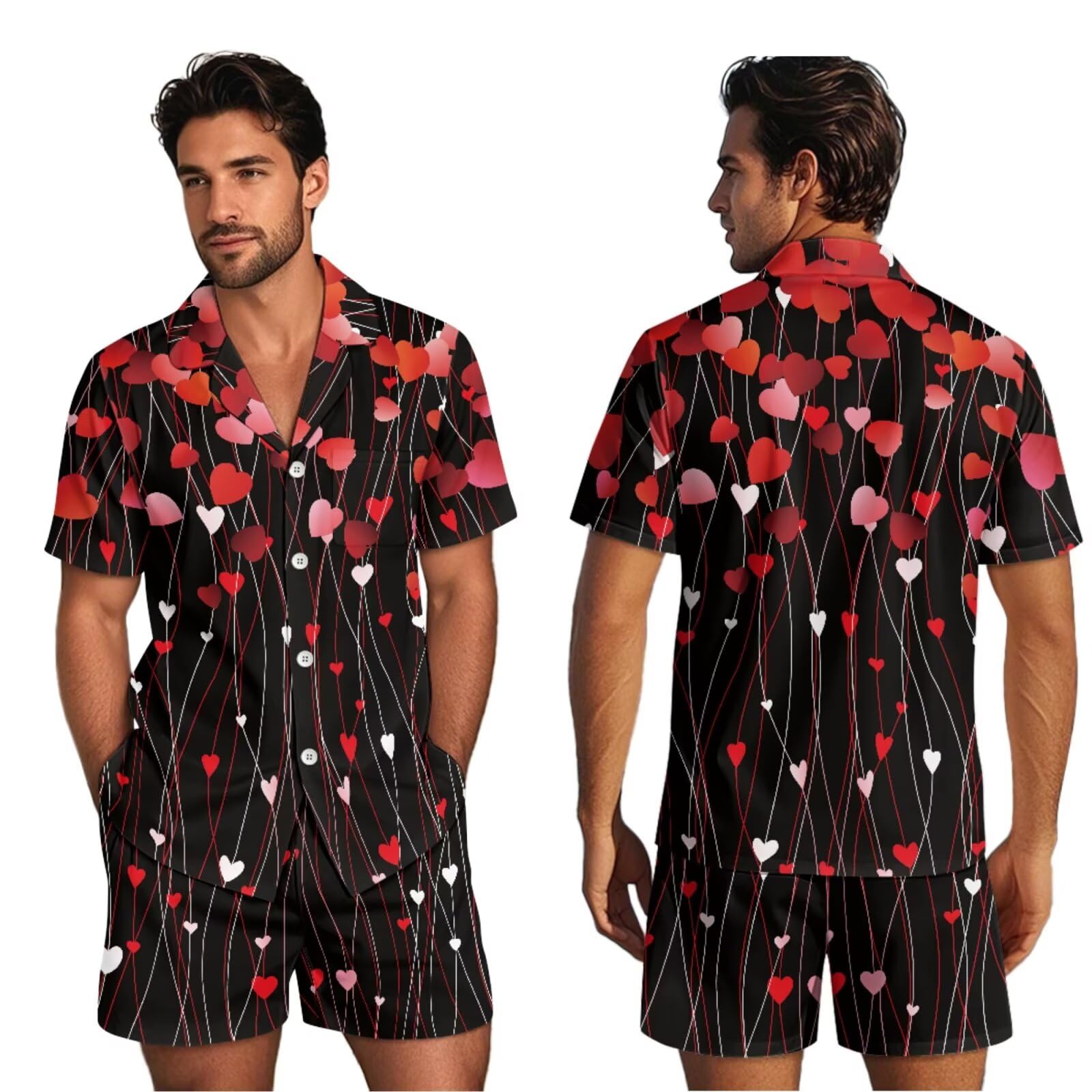Conjunto de pijama a juego para parejas, de manga corta, con botones, ropa de dormir, Corazones rojos, M