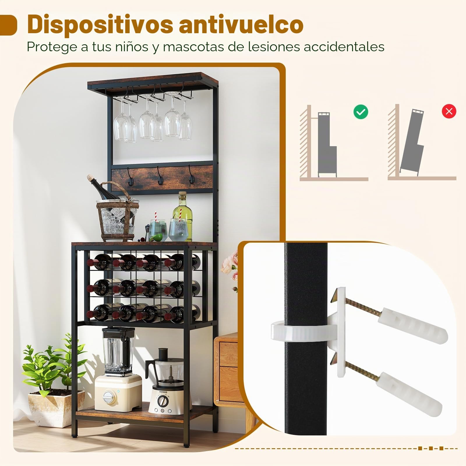 GIANTEX Estantería de Cocina con Botellero para 12 Botellas, 3 Ganchos Dobles y Portavasos, Mueble para Almacenamiento de Vino, 54x37x156cm, Carga Total hasta 150 kg, Organizador para Comedor, Bar