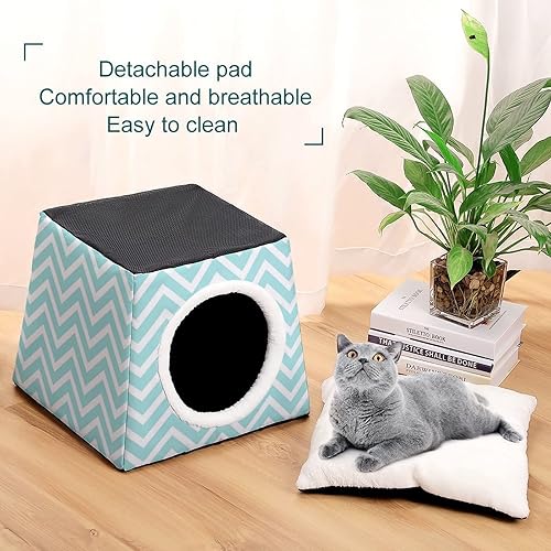 Miniatura 6 de Sofá plegable con diseño de casas y condominios para gatos y gatos, con almohada extraíble, ondas de agua azules