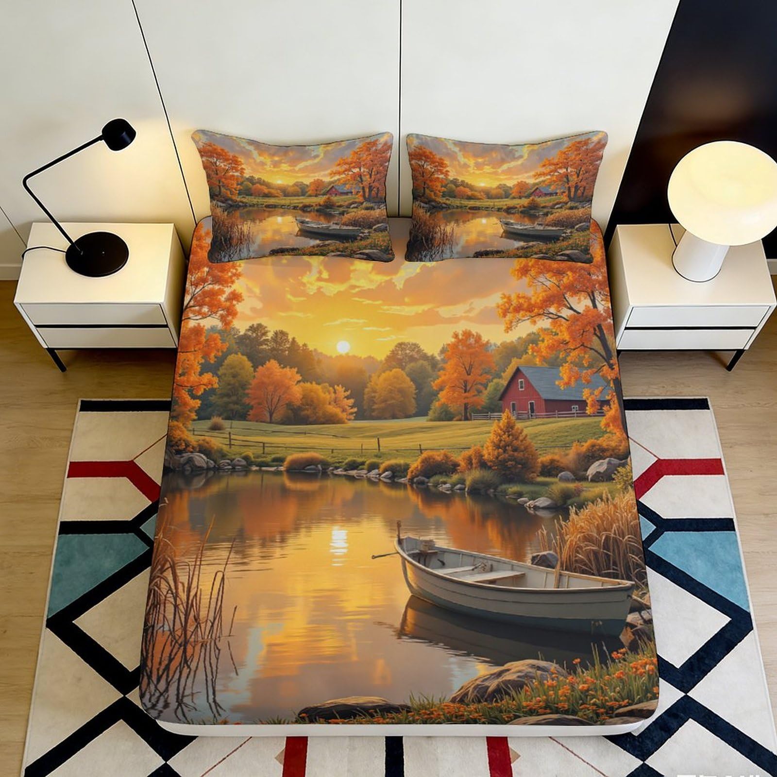 3D Printed Autumn Lake View Fitted Sheet Microfiber Deep Pocket Non-Slip Bedroom Bedding Set Lakeside Cabin Mattress Fitted Cover 120x200x25cm