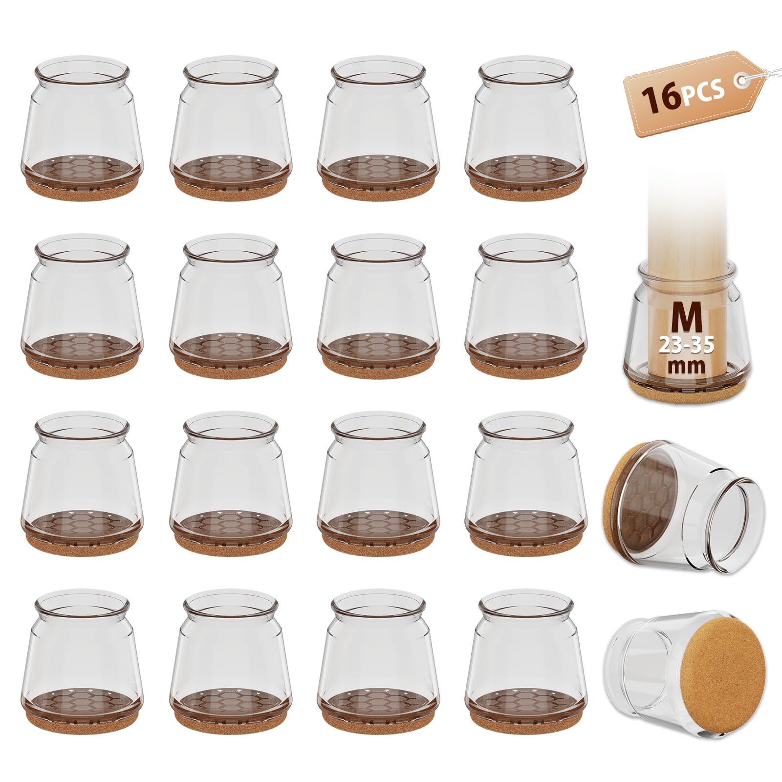 16 Pcs Round Brown Chair Leg Silicone Floor Protectors, Chair Socks, Stool Leg Covers with Felt Pads, Protect Floors from Scratches, Reduce Noise (Fit:23-35mm)