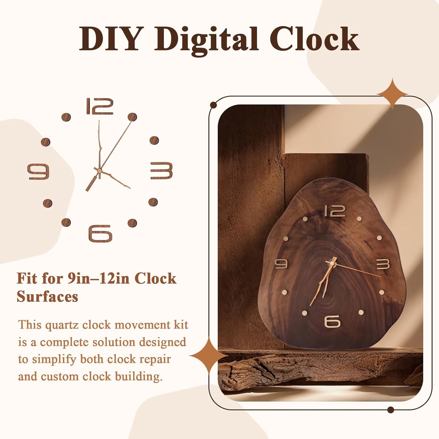 Quartz Clock Movement Kit 0.86in Shaft Clock Movement Mechanism with Hands and Numerals for 9in-12in Surfaces for Clock Repair Replacement
