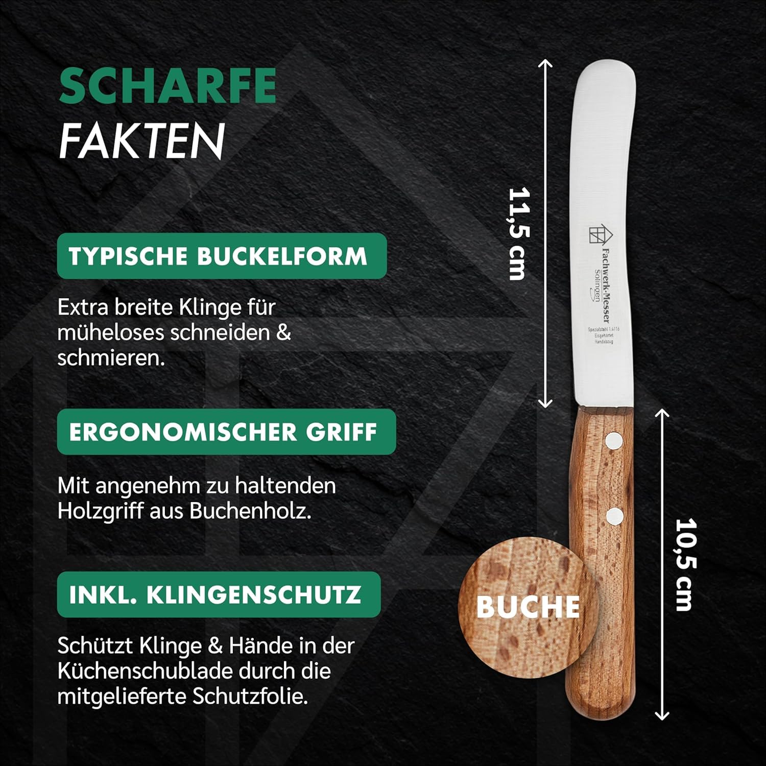 Buckelsmesser 6er-Set mit Handabzug/Glatt - Testsieger - Frühstücksmesser aus Solingen/Germany - Brötchenmesser/Brotzeitmesser Buchenholz