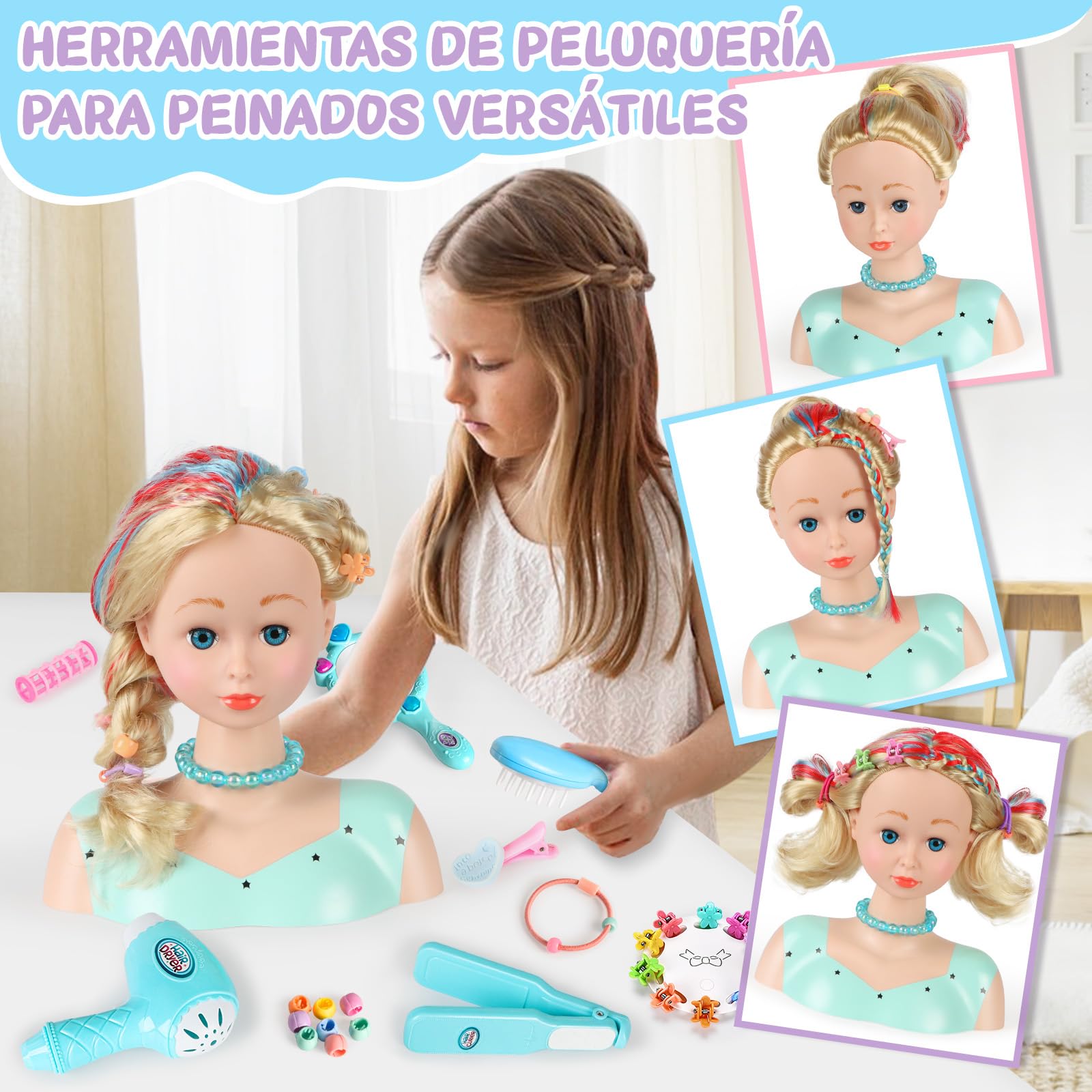 BuzzoXerex Cabeza Muñeca para Peinar y Maquillar, 58 Piezas Busto Muñeca Peinar y Maquillar, Cabeza de Peluquería para Niños, Cumpleaños para Niños a Partir de 3 Años (Azul)