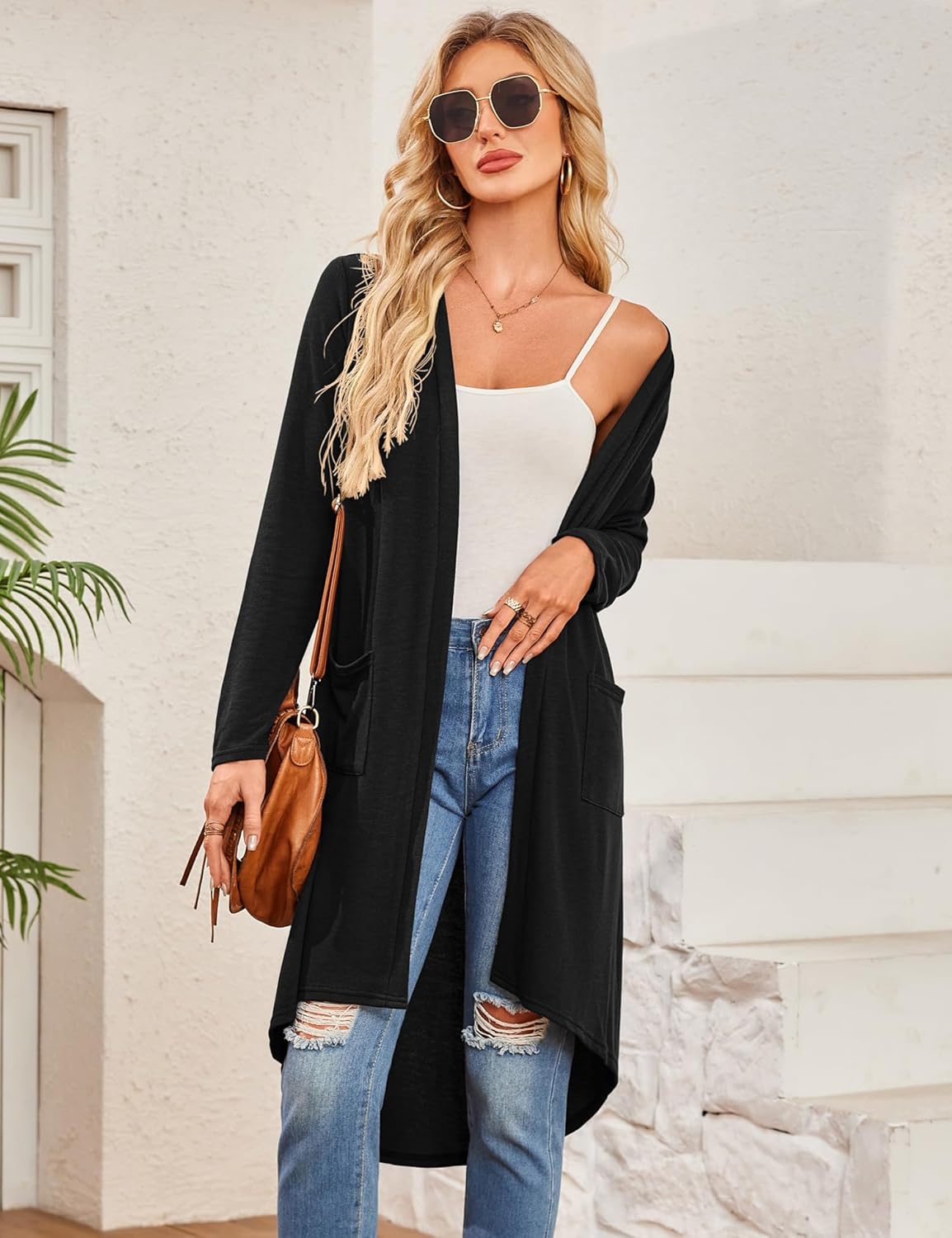 Bluetime Women Open Front Long Cardigan Lightweight Long Sleeve High Low Hem Maxi Duster with Pockets (S-3XL)