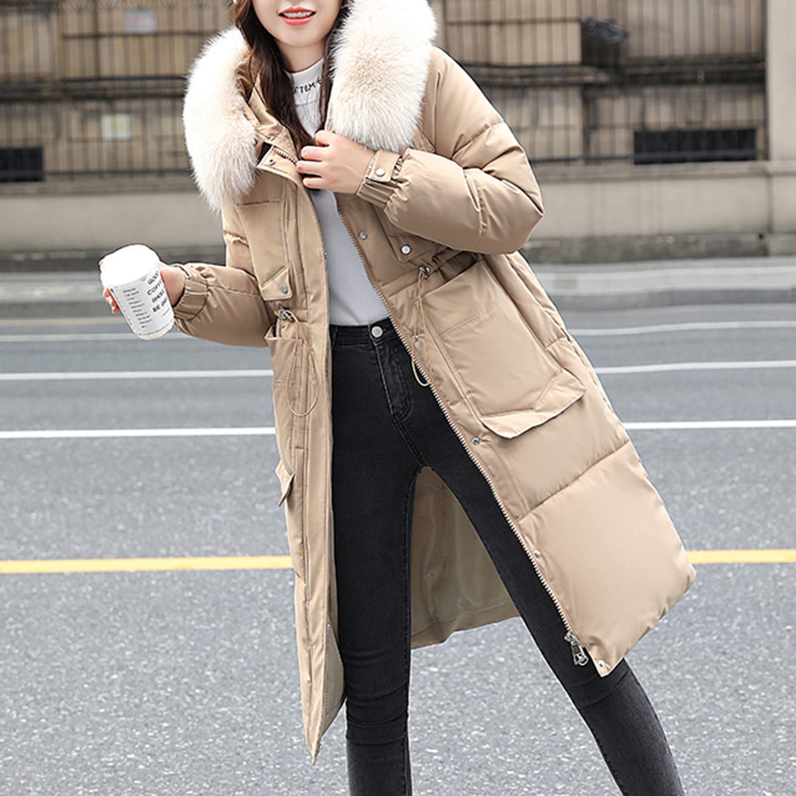 Abrigo largo de invierno para mujer con pelo, parka larga, abrigo de piel sintética, cuello con capucha, cálido, forrado, cortavientos, para exterior, longitud hasta la rodilla, M - XXL