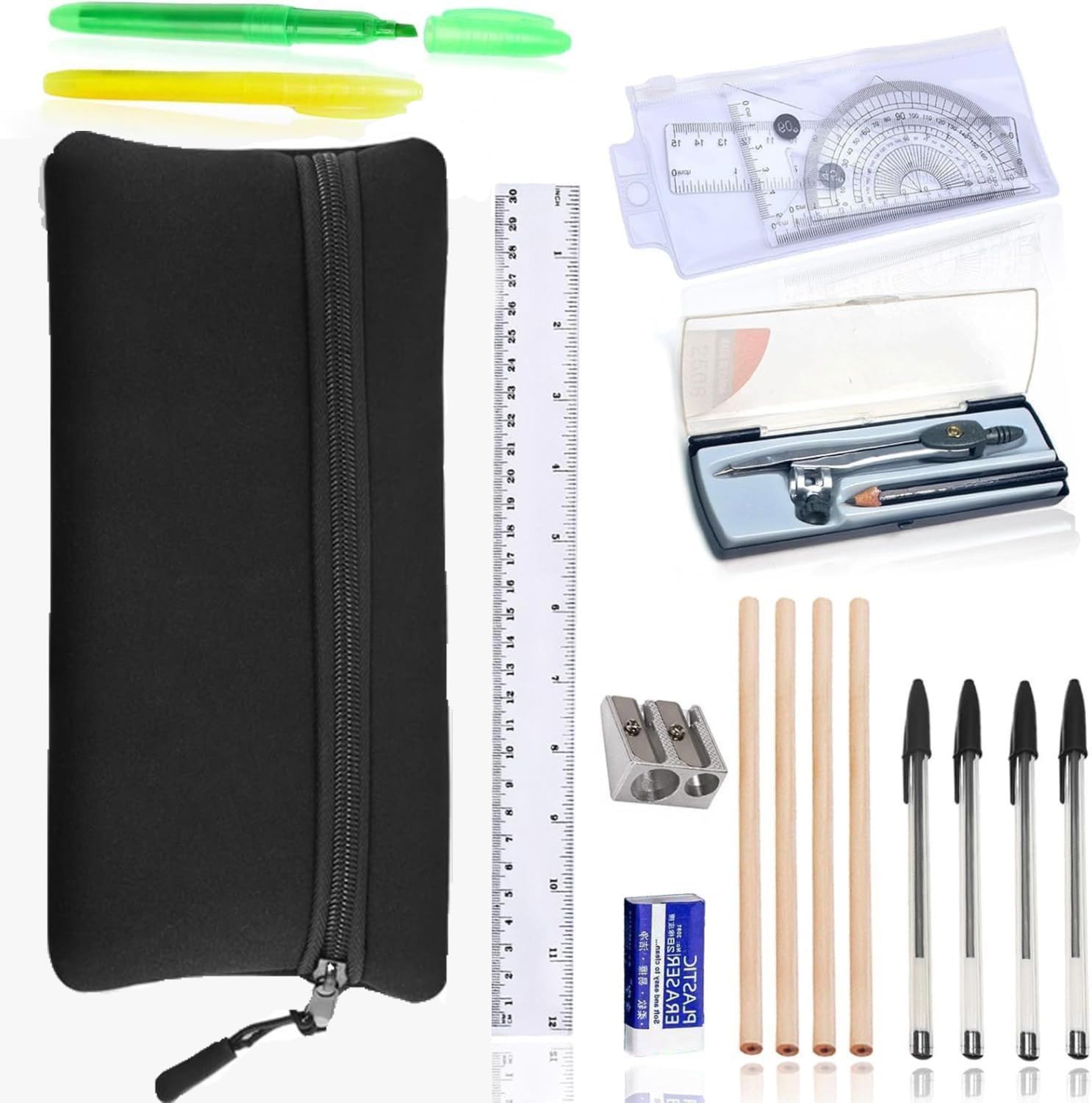 Haoyic GCSE 18 Pcs Stationery Set, Black School Pencil Case with Stationery Set Included with 4 Graphite Pencils, 4 Pens, 2 Highlighter, Eraser, Sharpener, Compass, Pencil Case