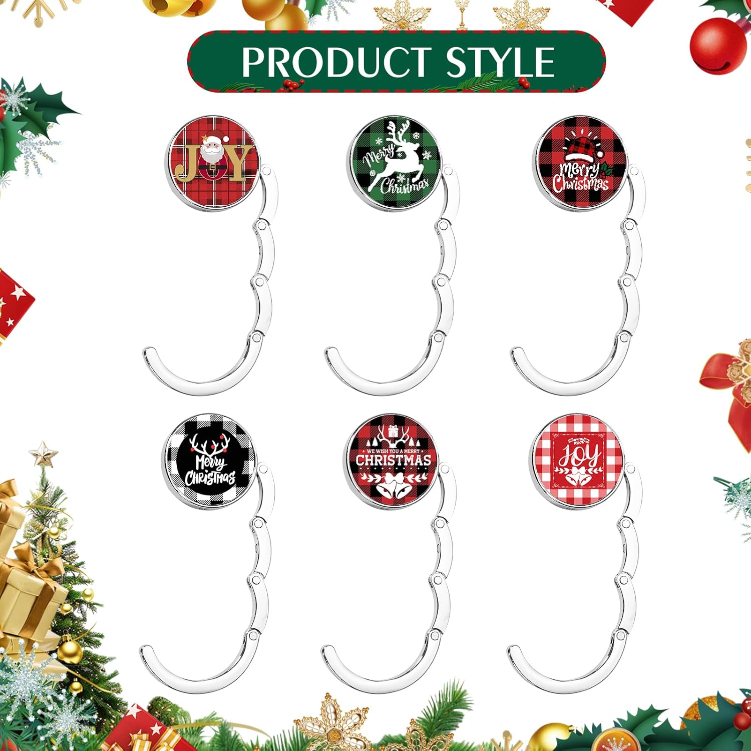 6 Pack Christmas Stocking Holders for Mantle,Metal Stocking Hangers for Mantle, Non-Slip & Foldable Mantle Hooks for Stockings Hangers Xmas Mixed Pattern for Fireplace Christmas Decoration