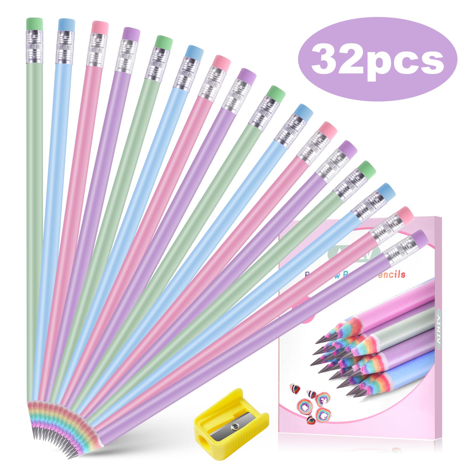 Ainiv Lot de 32 crayons en papier recyclé sans plastique et sans bois arc-en-ciel respectueux de l'environnement #2 HB avec taille-crayon, crayons de couleur macaron pour l'école et le bureau