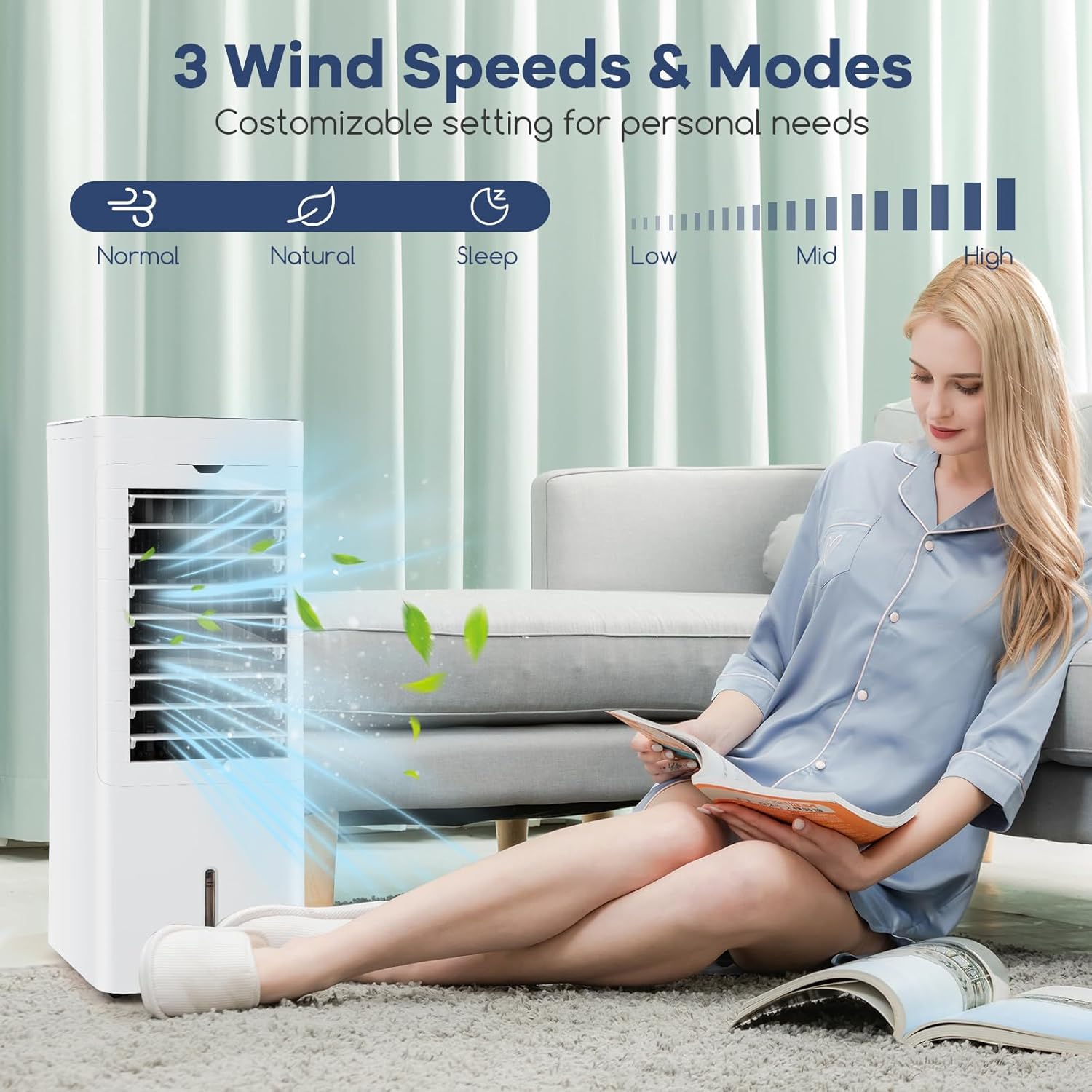 Image showing the three wind speeds (Low, Mid, High) and three wind modes (Normal, Natural, Sleep) for the DORTALA air cooler.