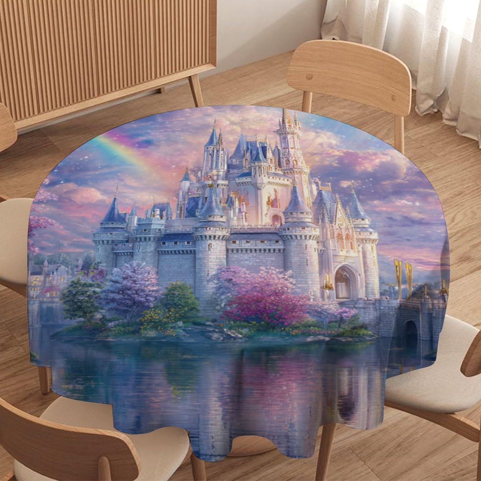 LUYYSKY Romantic Abstract Fantasy Castle Round Tablecloth Cartoon Aesthetic Fairy Tale Forest Rainbow Colorful Cherry Blossoms Washable Decor for Table Cover for Kitchen-152.4" Wx152.4 L cm