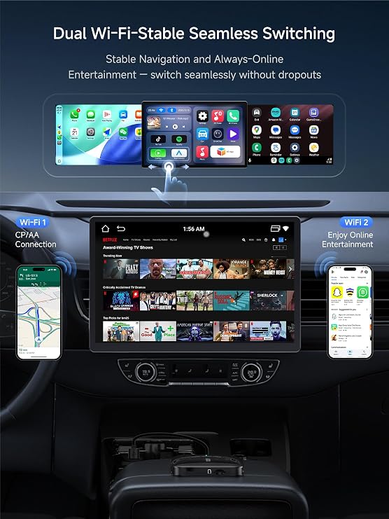 محول Carplay اللاسلكي، صندوق الذكاء الاصطناعي يدعم Carplay بطاقات Netflix/YouTube/TF، محول Magic Box بسعة 4 جيجابايت + 32 جيجابايت، التوصيل والتشغيل، الدردشة عبر Drive مع مهارات الذكاء الاصطناعي، شبكة WiFi مزدوجة، بلوتوث، مناسب لسيارات CarPlay السلكية الأصلية