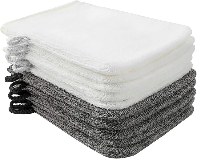 PHOGARY Pack of 10 Microfibre Body Wash Mitts Set, Flannels Soft Face Mitts, Bath SPA Cloth, Reusable Makeup Remover Mitt Gloves, 15x21 cm, White and Grey