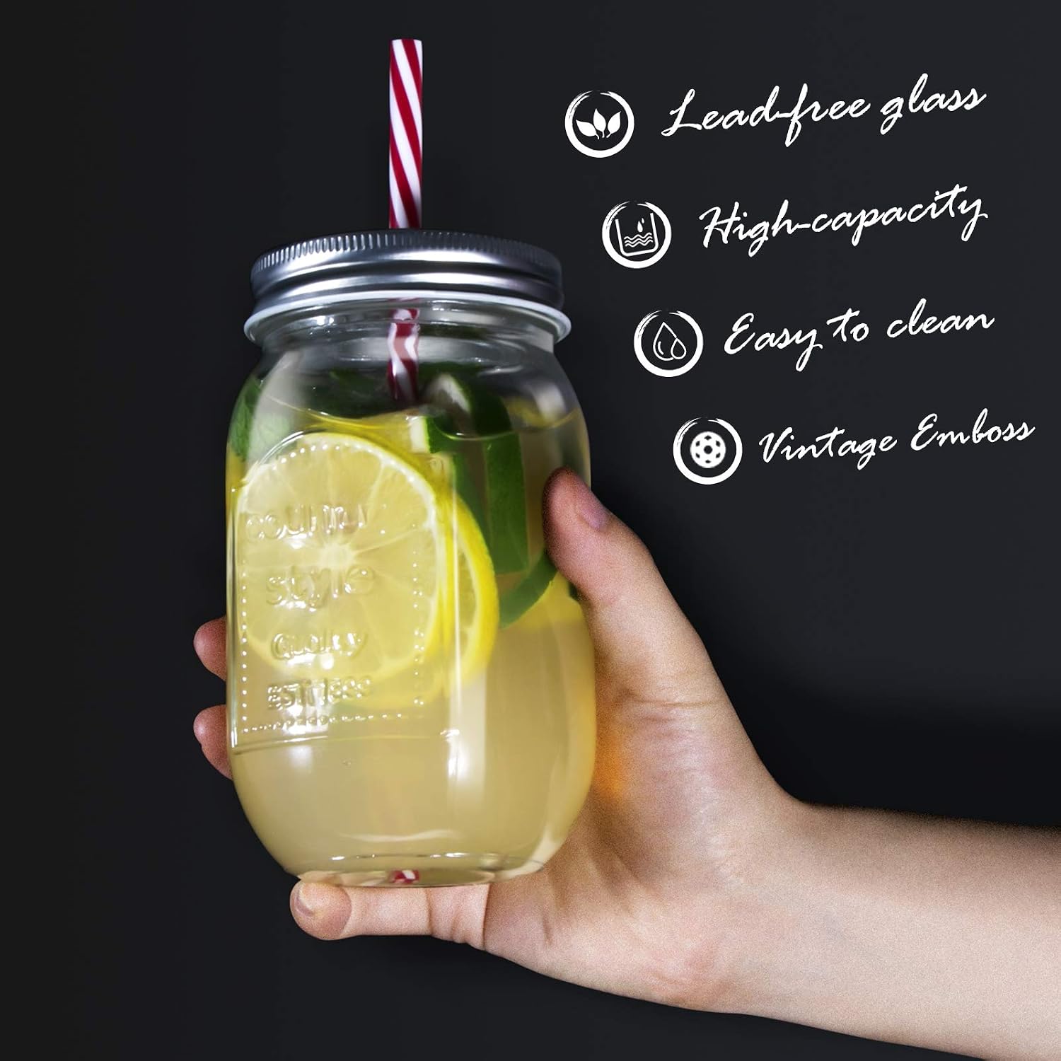 Masthome Regular Mouth Mason Jars 16oz, Drinking Glasses with 6 Extra Lids & 6 Reusable Straws, Glass Storage Jars for Canning, Preserving – Set of 6
