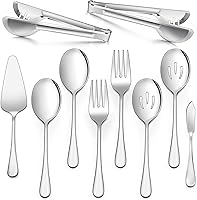 Vista 1 de E-far Juego de 10 utensilios grandes para servir, cuchara de acero inoxidable, cuchara ranurada, tenedor, pinzas, servidor de pasteles y cuchillo