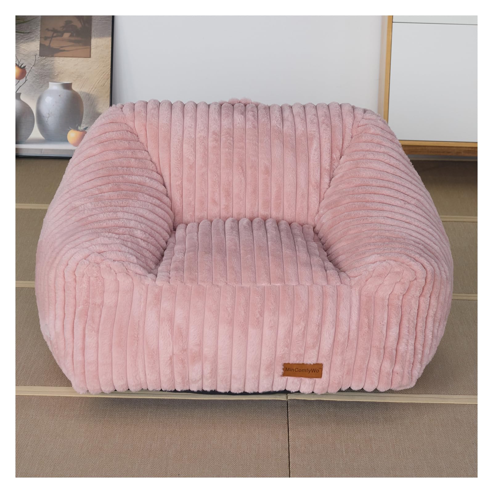 MinComfyWo クッションソファ 1人用防水防油防汚生地 高密度ウレタン 型崩れなし 再充填不要 ビーズクッション 特大（85×104×60cm）洗えるカバー 一人暮ら（ピンク フェイクファー）