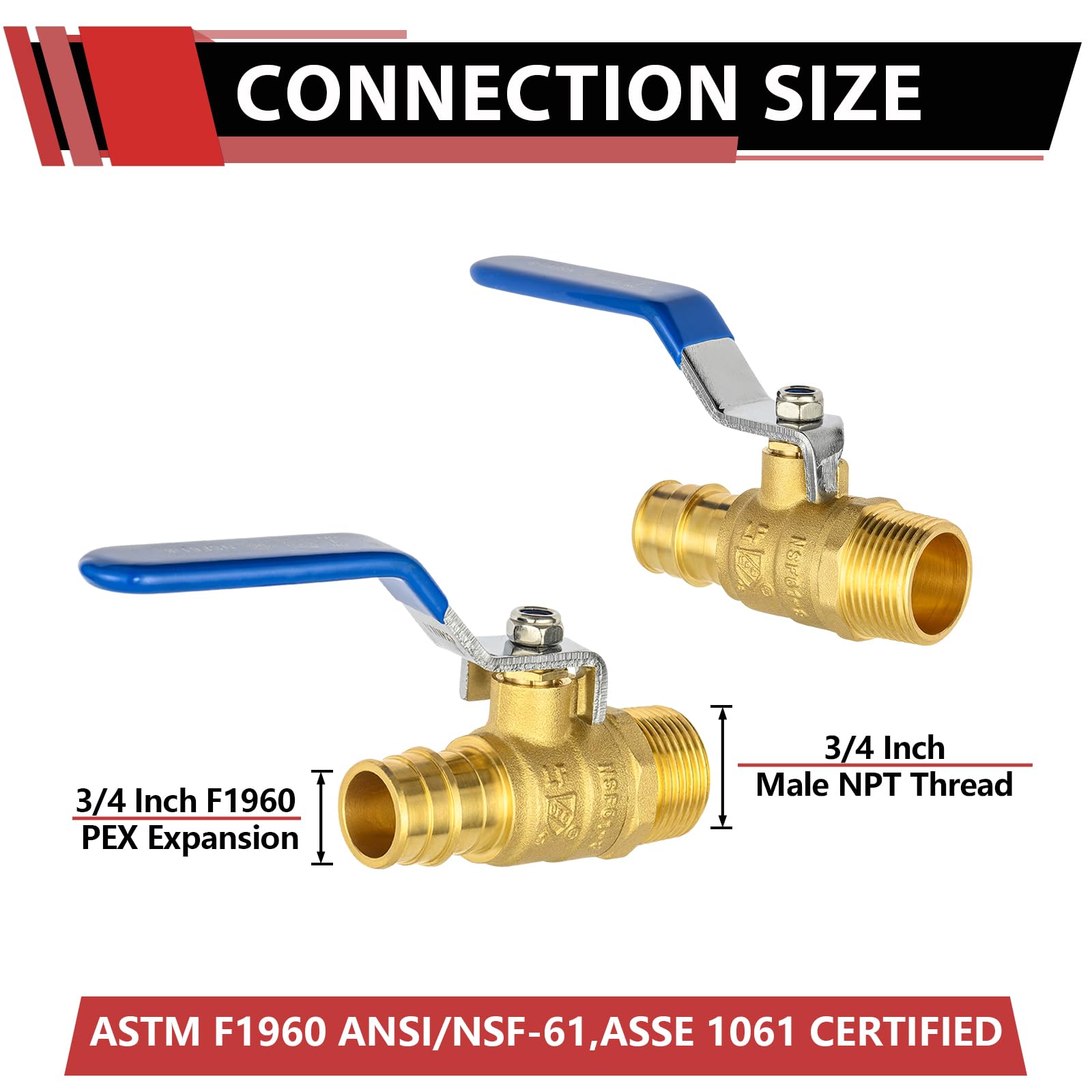 EFIELD - Confezione da 5 valvole a sfera di chiusura in ottone Pex-A 3/4" x 3/4" maschio NPT per collegamento a tubi Pex-A, ASTM F1960, leva blu, certificazione cUPC