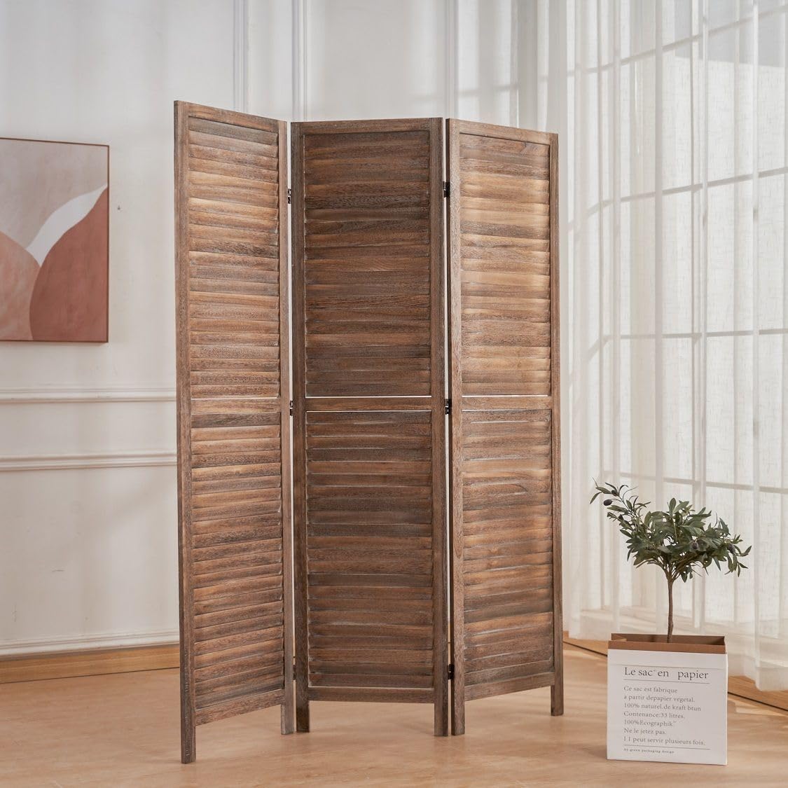 Paravent 3 Panneaux Écran De Confidentialité Autoportant De 170 Cm Avec Cadre En Bois Naturel De Paulownia Motifs Feuillages Ajoures Blanc 91790656
