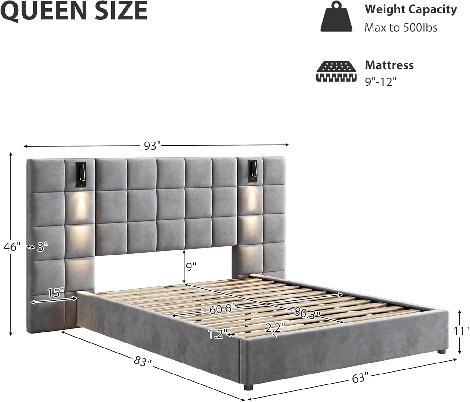 Queen Size Bed Frame with Wide Headboard, Velvet Upholstered Platform Bed with Reading Lamp and USB Port, Wooden Slats Support, No Box Spring Needed (Grey+Velvet, Queen)