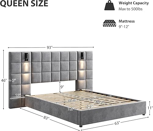 Miniatura 2 de Base de cama tamaño King con cabecero de 46 pulgadas de alto, plataforma tapizada de terciopelo, cabecera de tela suave copetuda, lámparas de