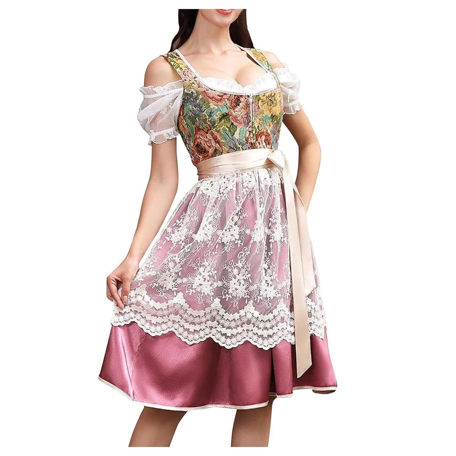 Dirndl Damen Midi Oktoberfest Outfit Komplettsets Trachtenmode Trachtenrock Kleid inkl. Dirndlbluse Dirndlschürze 3 teilig für Oktoberfest Besondere Anlässe Grün Rot Rosa Blau
