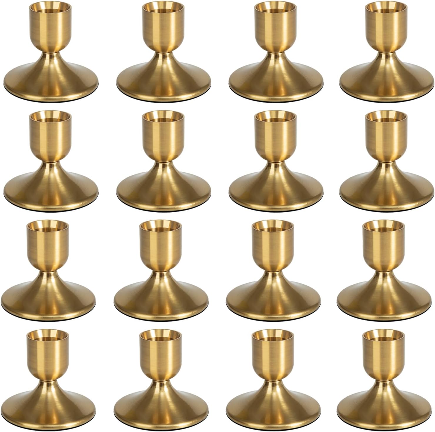 16Pcs Gold Candle Holders Metal Taper Candlesticks Holders Short Skinny Brass Candlestick Holders Candlestick Holders Bulk for Wedding Thanksgiving Centerpieces Christmas Birthday Party Holiday (16)