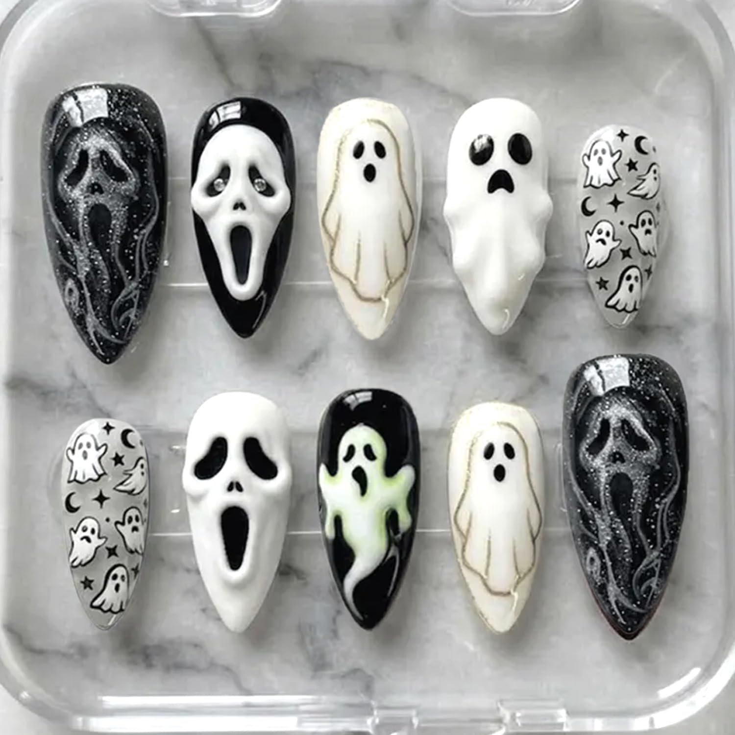 30Pcs Gothic Halloween Press on Nails Medium Almond Fake Nails 3D Ghost Nails Design Goth Artificial False Nails Horror Skull Stick on Nails Handmade Acrylic Nails Halloween Glue on Nails for Women