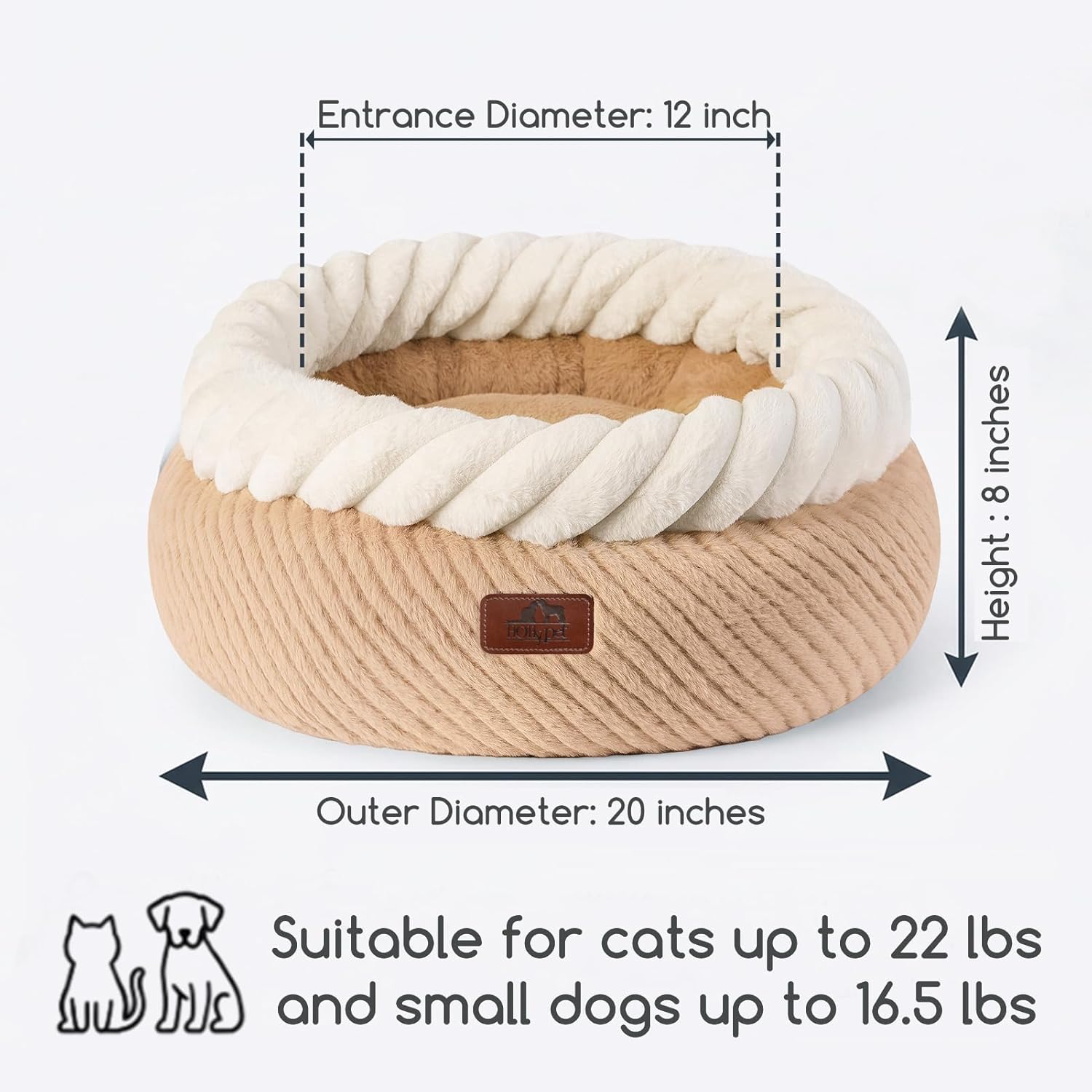 Hollypet Cat Bed for Indoor Cats Kitty Beds, Round Washable Fluffy Small Dog Bed, Soft Cozy Plush Pet Beds for Puppy and Kitten with Non-Slip Bottom (20" Diameter, Oatmeal)
