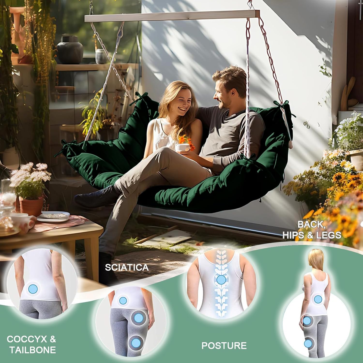 VKETU Porch Swing Cushion Three Seat, Waterproof Swing Cushions Replacement with Backrest, Outdoor Garden Furniture Patio 4 Thickened Cushions with Ties (Dark Green, 40x70in)