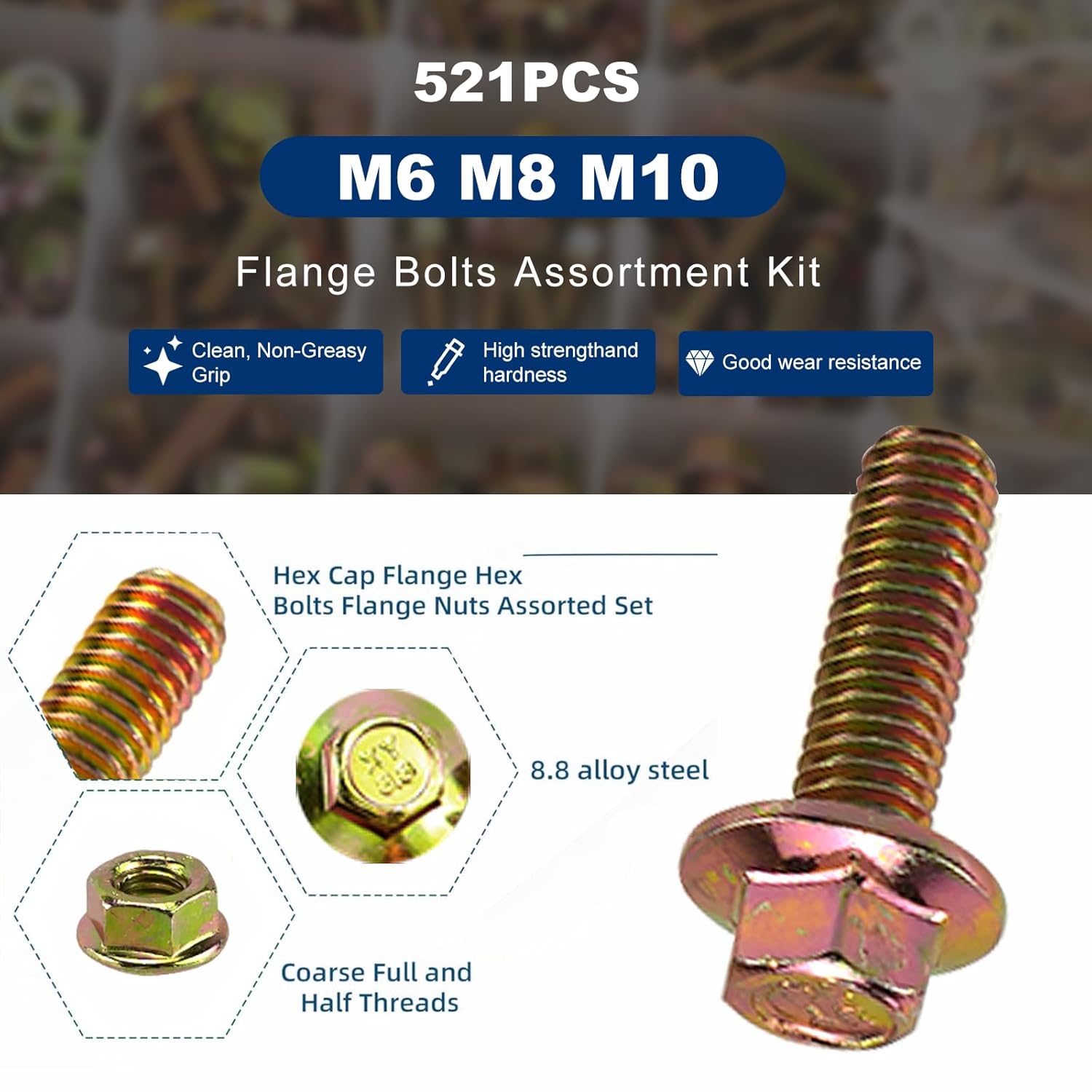 CNQLIS 521PCS Nuts and Bolts Assortment Kit - Heavy Duty Grade 8.8 Metric M6 M8 M10 Bolt Set with Assorted Nuts and Washers, Yellow Zinc Plated, Length from 12-40mm